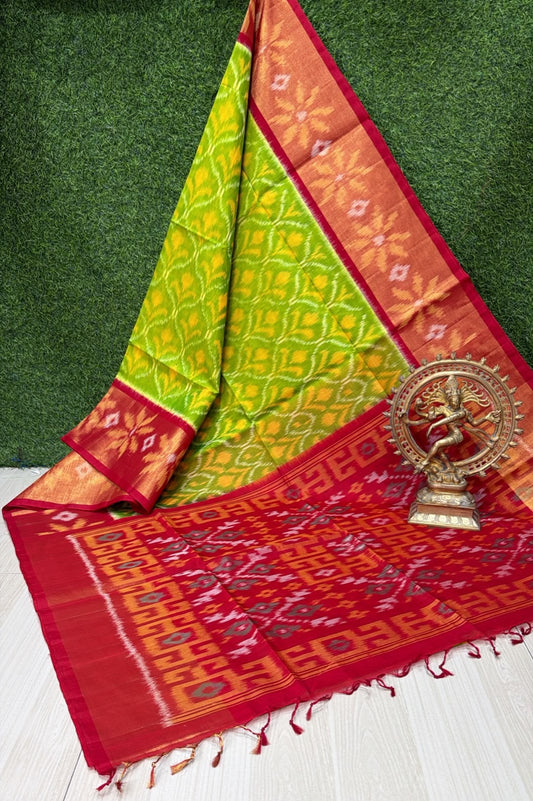 Handloom Ikkat Silk Cotton Saree in lime green and Crimson red border and pallu