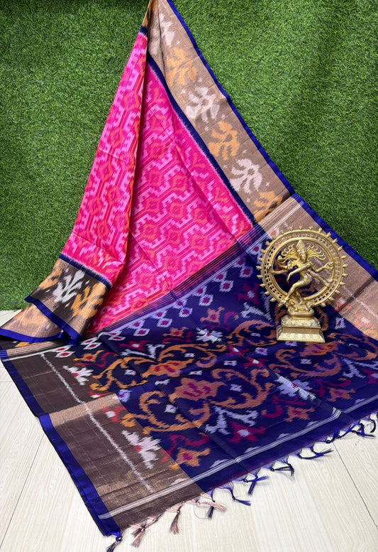 Handloom Ikkat Silk Cotton Saree Pink and Dark Purple Border
