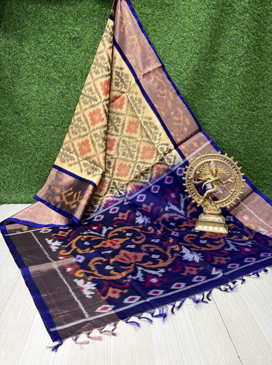 Handloom Ikkat Silk Cotton Saree Beige-Gold and Blue Border