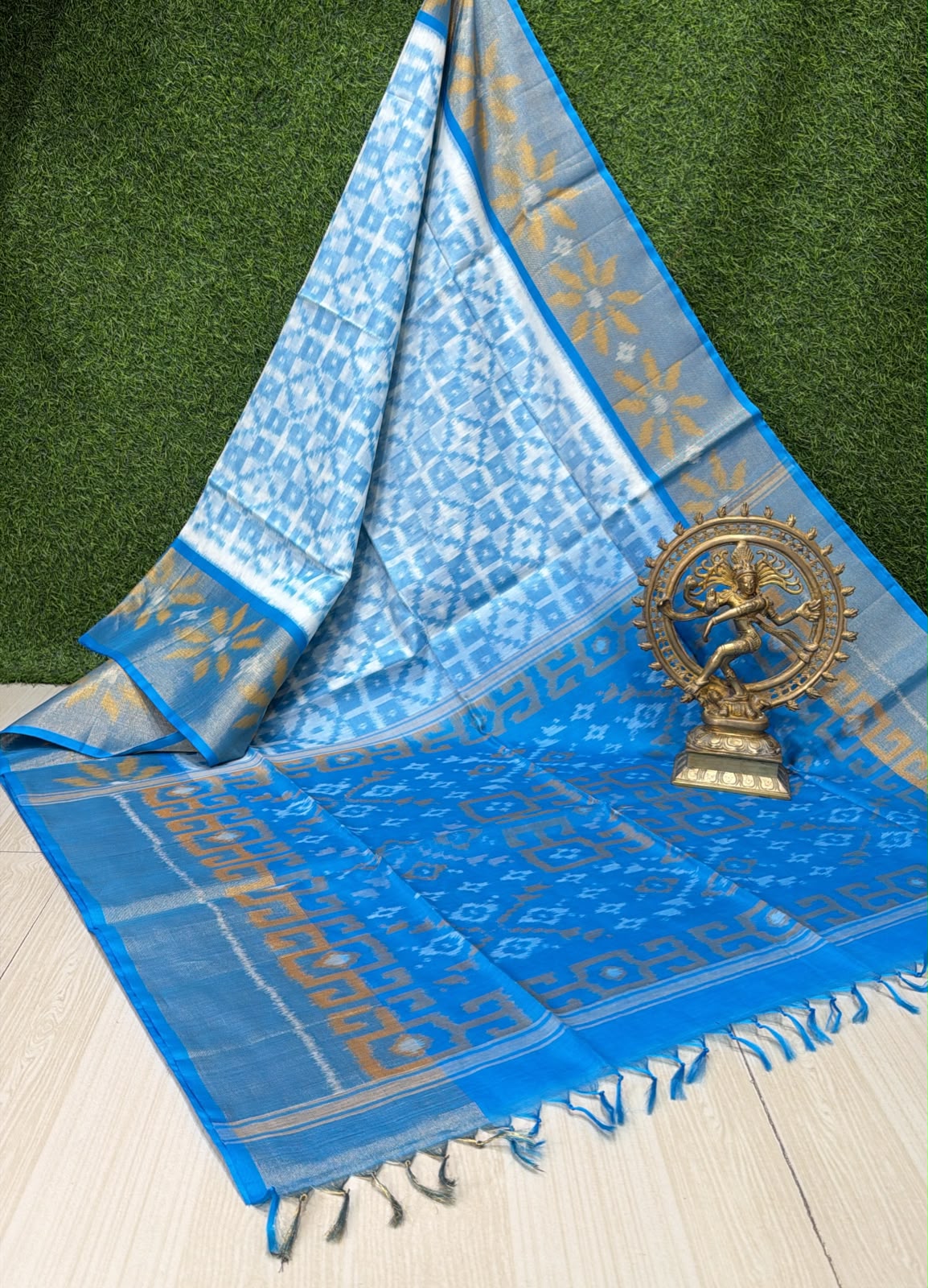 Handloom Ikkat Silk Cotton Saree  in Sky Blue geometric pattern with beige motifs  on Border