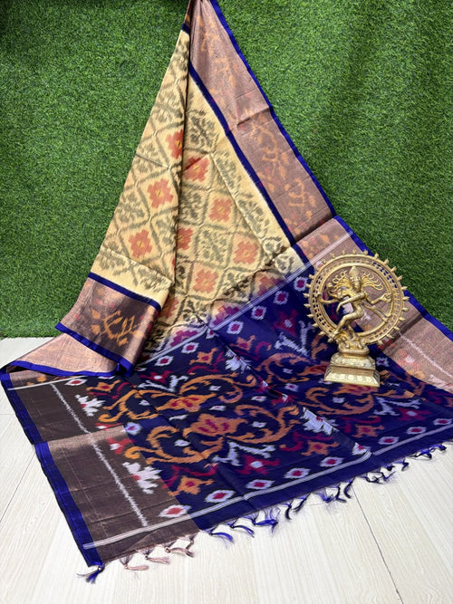 Handloom Ikkat Silk Cotton Saree Beige-Gold and Blue Border