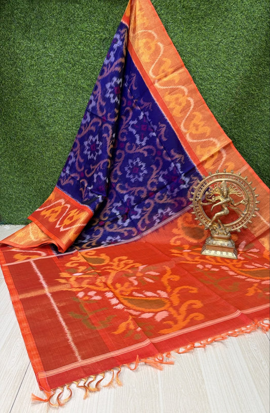 Handloom Ikkat Silk Cotton Saree with Royal Blue and Orange Border