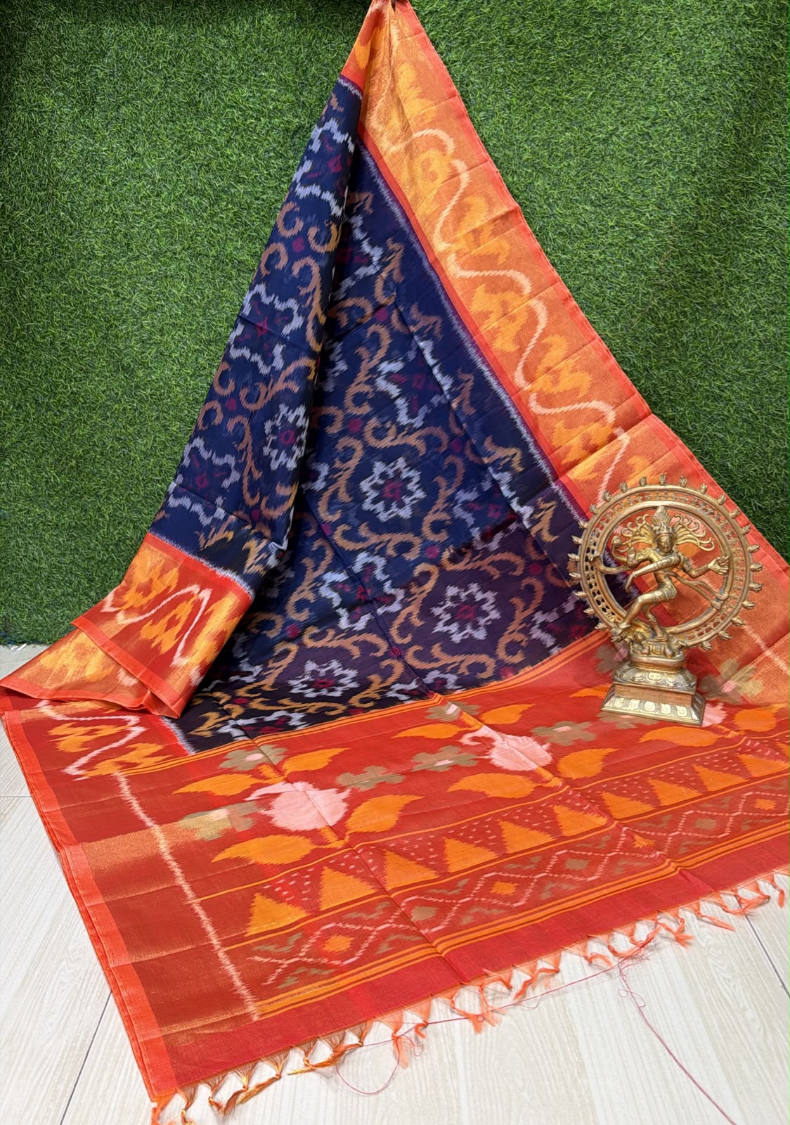 Handloom Ikkat Silk Cotton Saree Navy Blue and Orange Border