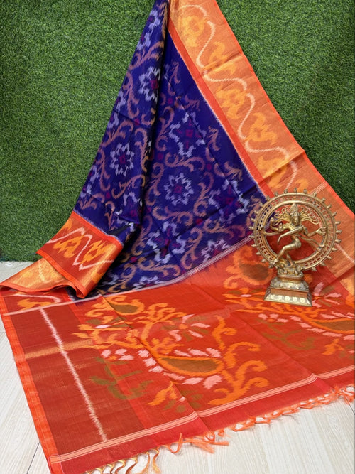 Handloom Ikkat Silk Cotton Saree with Royal Blue and Orange Border