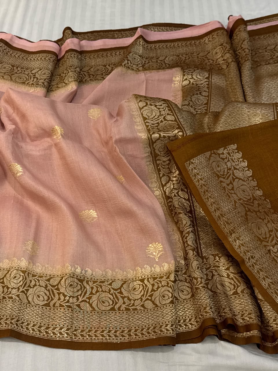 Blush Pink & Olive Brown Tussar Georgette Saree with Digital Print