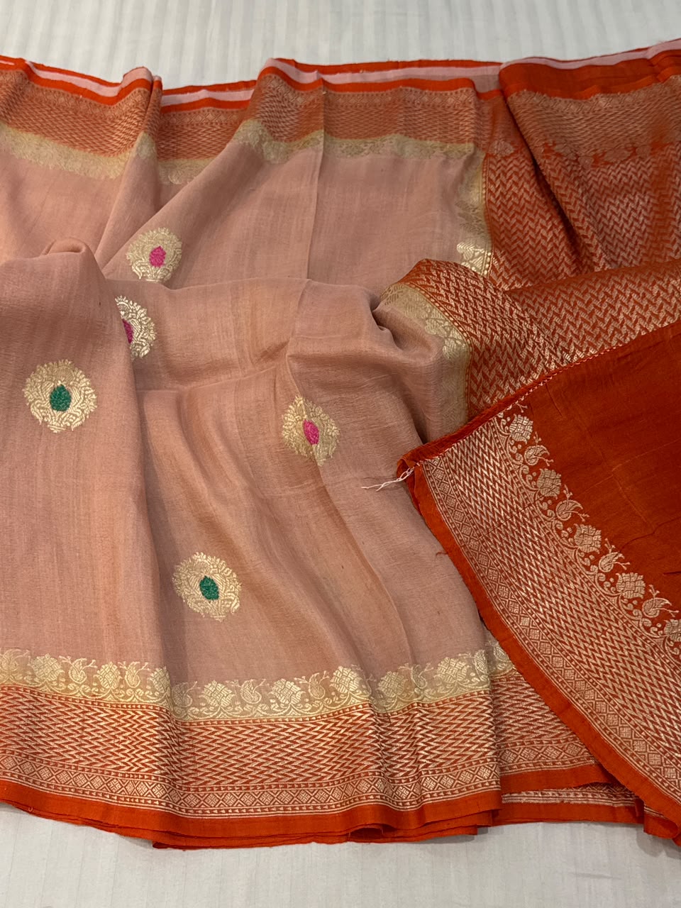 Peach & Rust Orange Tussar Georgette Saree with Digital Print