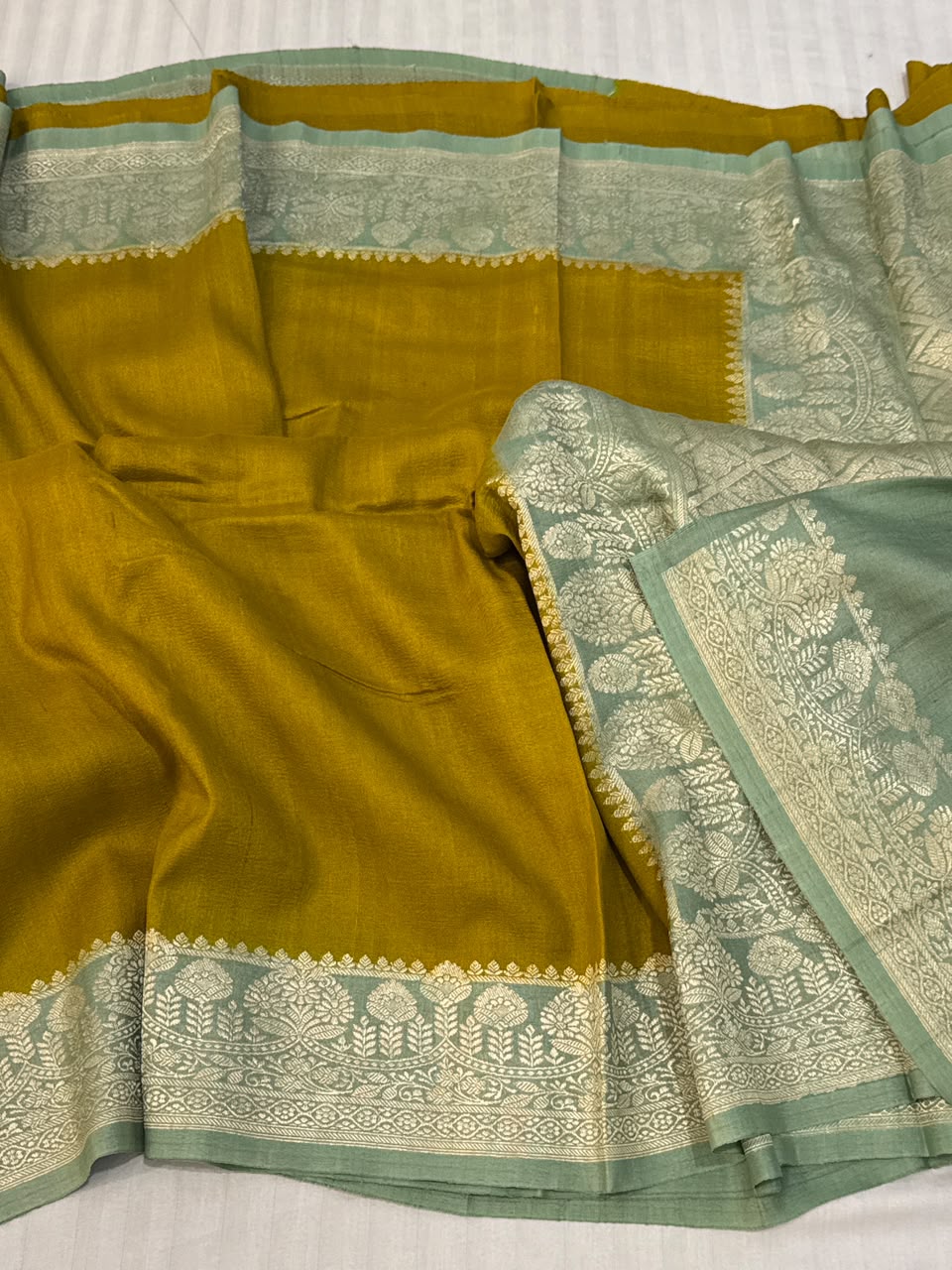 Mustard Yellow & Sage Green Tussar Georgette Saree with Digital Print