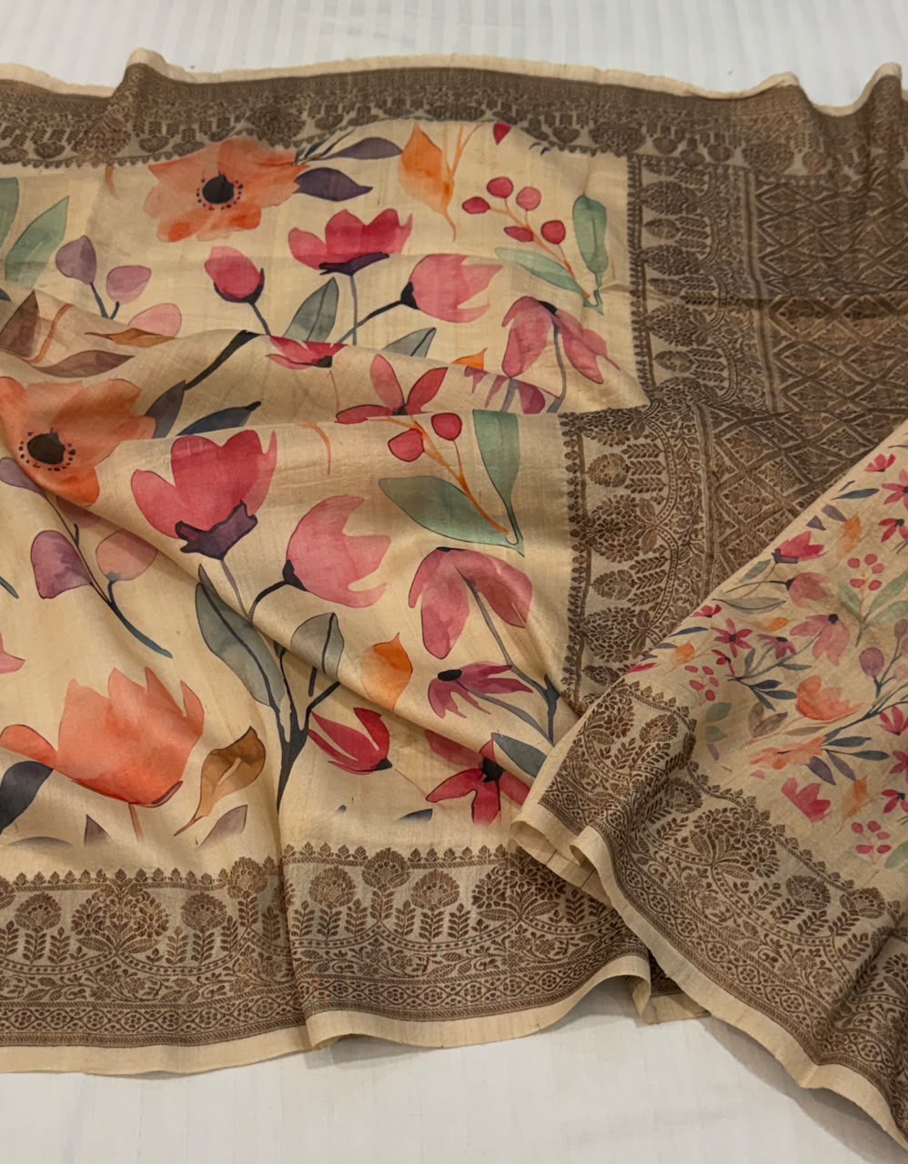 Watercolor Lotus Tussar Silk Banarasi Saree with Digital Print