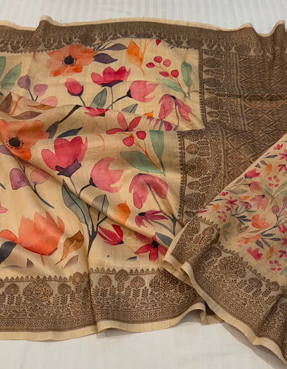 Watercolor Lotus Tussar Silk Banarasi Saree with Digital Print
