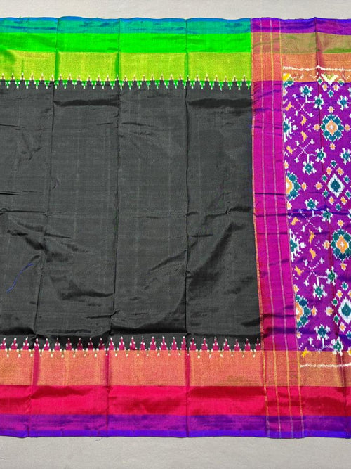 Premium Black Ikkat Pure Silk Dupatta with Purple Patola Pallu & Gold Zari Border