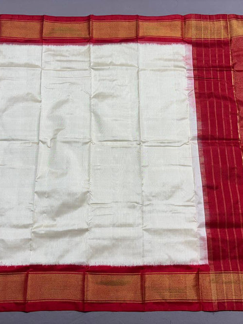 Premium Off-White Ikkat Pure Silk Dupatta with Red Gold Zari Border
