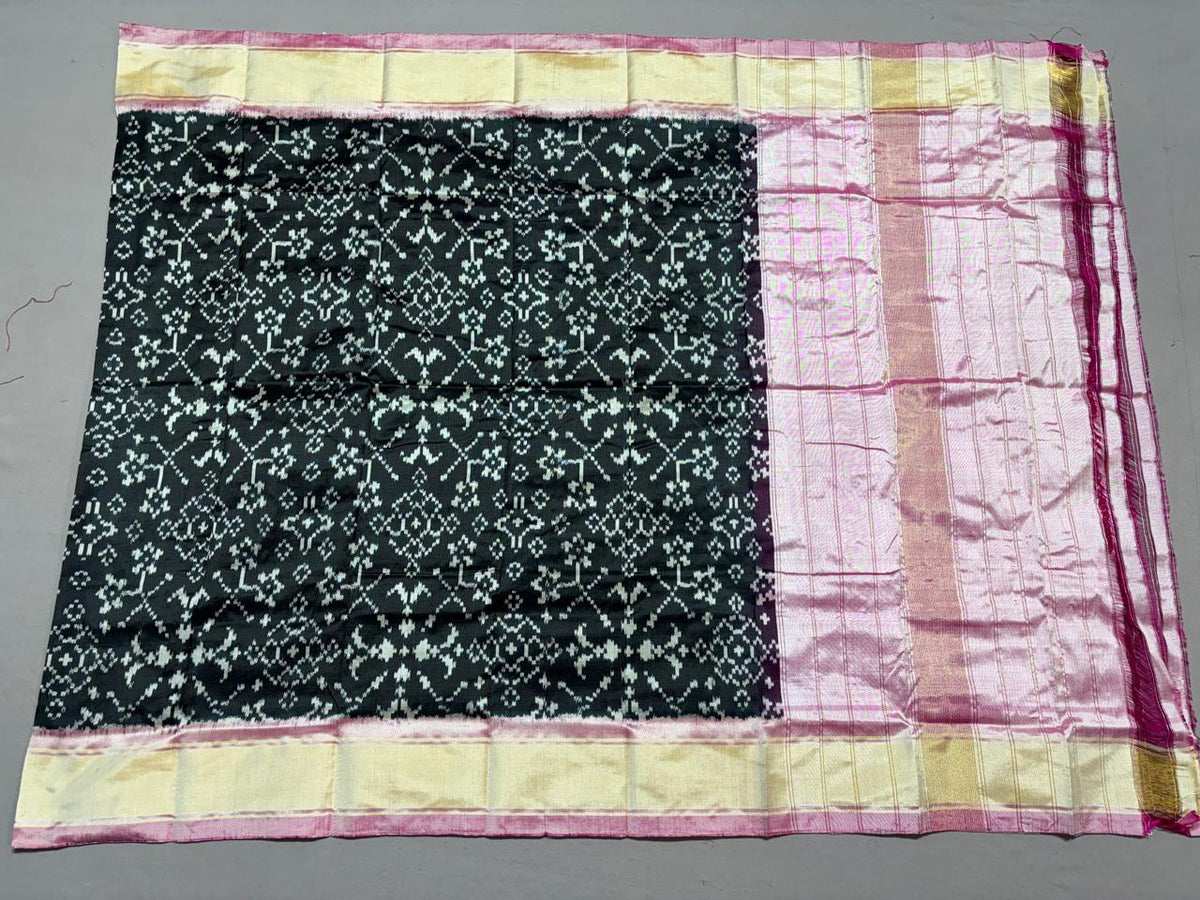 Premium Black Ikkat Pure Silk Dupatta with Blush Pink Zari Border