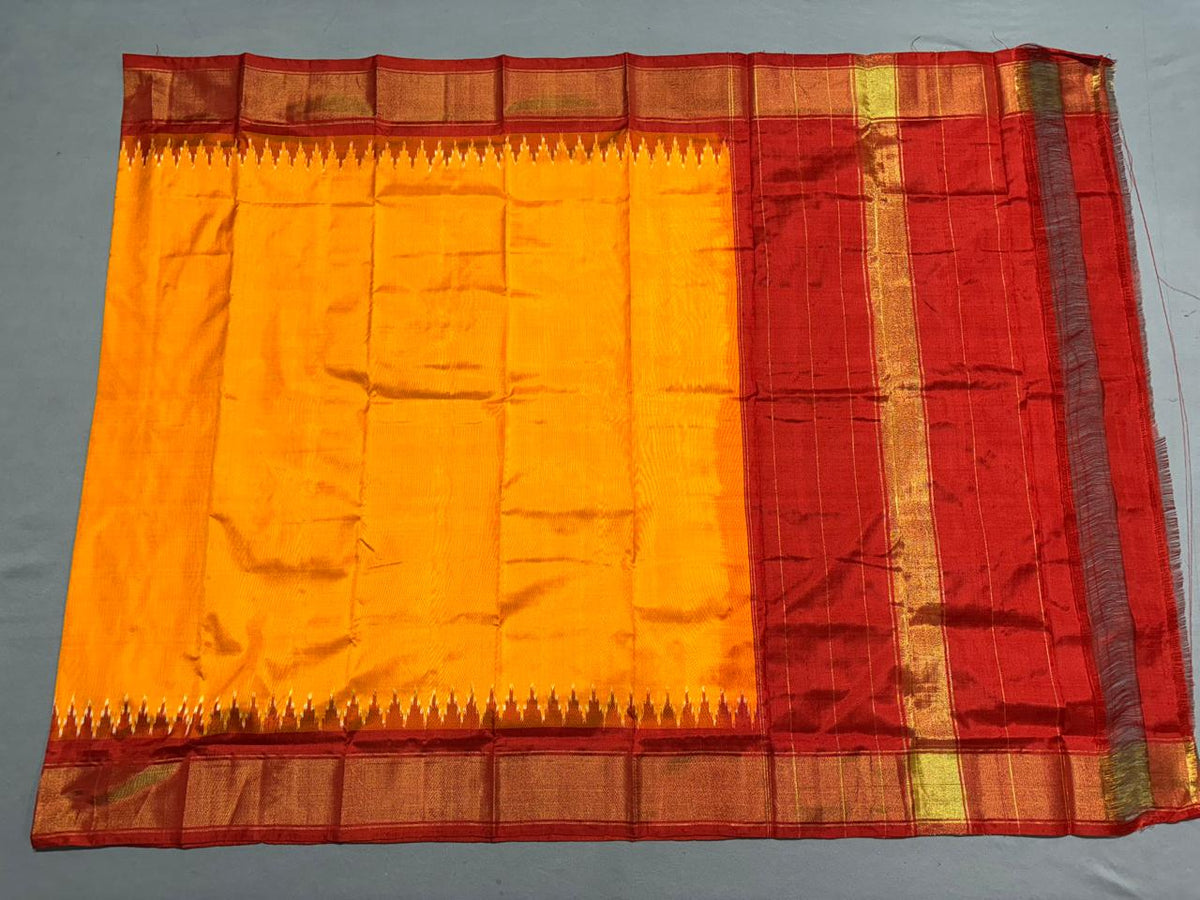 Golden Yellow Ikkat Silk Dupatta with Red Zari Border & Elegant Plain Body