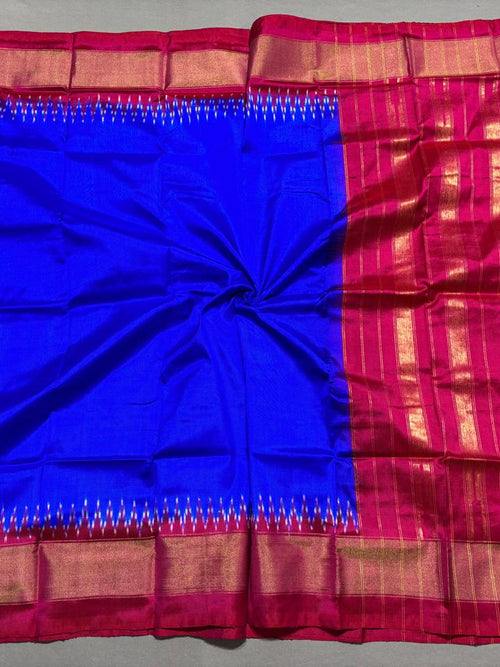 Royal Blue  Ikkat Silk Dupatta with Floral Motifs & Red Gold Zari Border