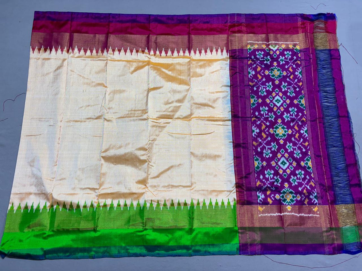 Orange  Ikkat Silk Dupatta with White Leaf Motifs & Purple Zari Border