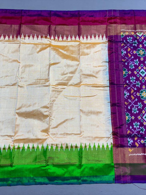 Orange  Ikkat Silk Dupatta with White Leaf Motifs & Purple Zari Border