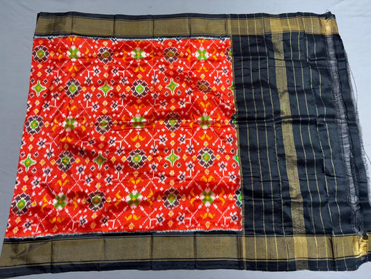 Red Handwoven  Ikkat Silk Dupatta with Black Zari Border