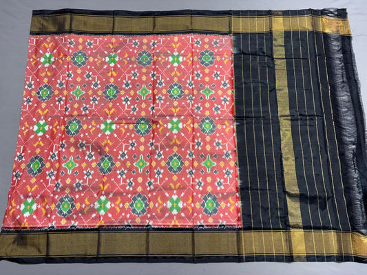 Coral Pink Handwoven  Ikkat Silk Dupatta with Black Zari Border