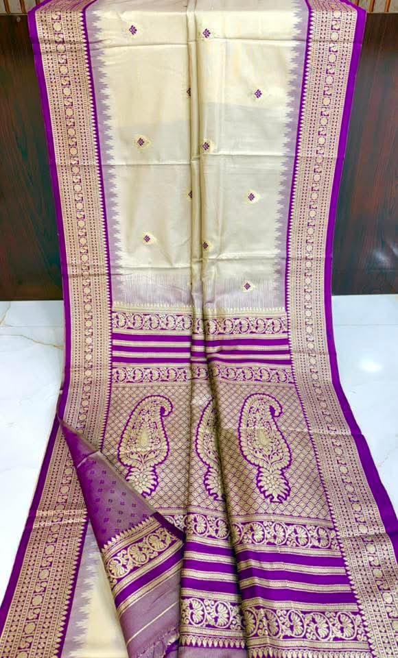 Ivory White Semi Katan Silk Saree with Royal Purple Zari Border