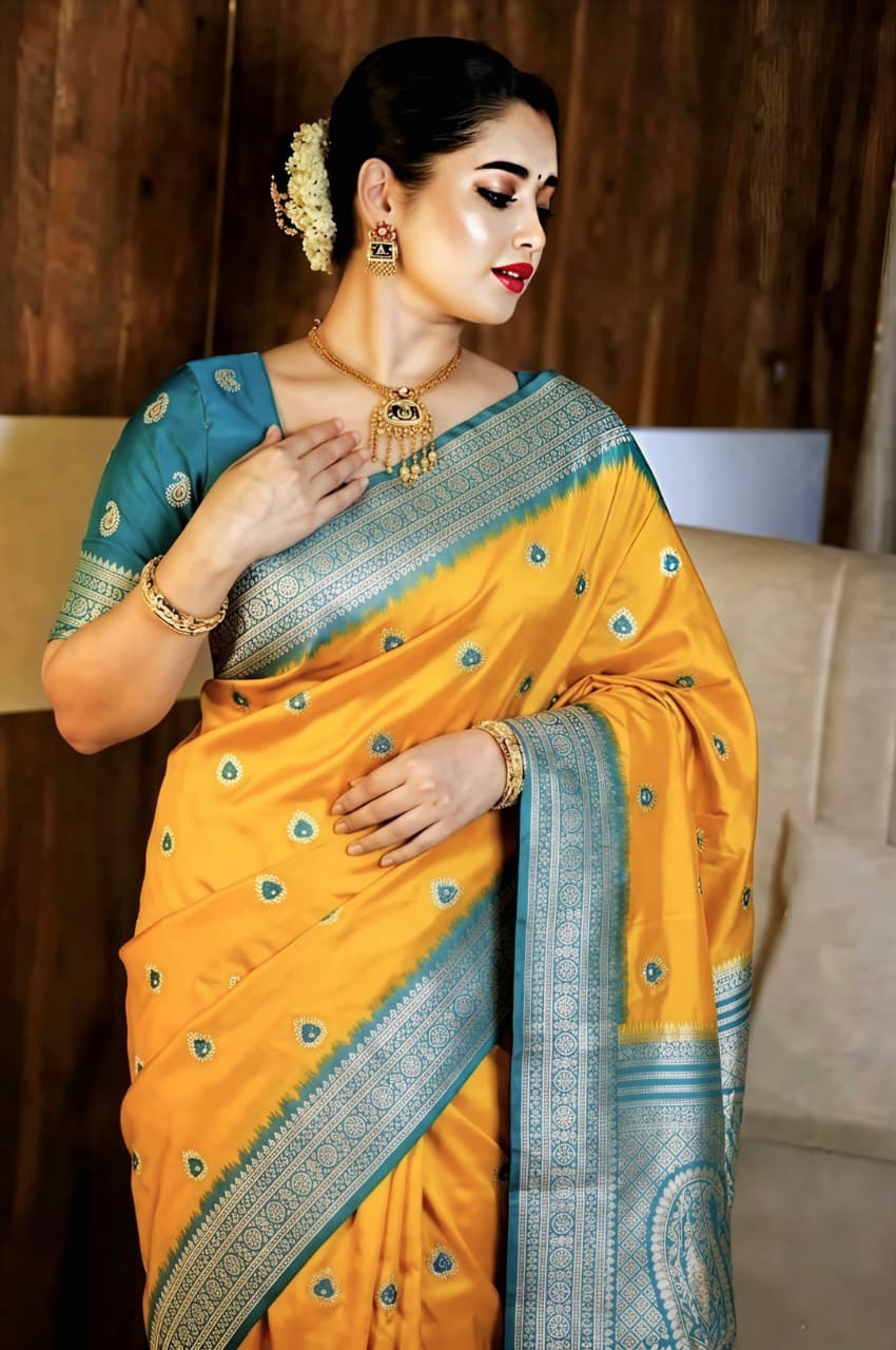 Mustard Yellow Semi Katan Silk Saree with Teal Blue Zari Border