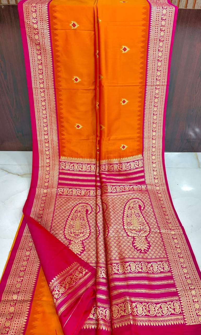 Orange Semi Katan Silk Saree with Rani Pink Zari Border