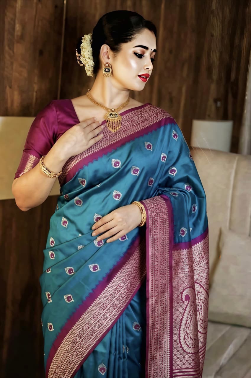 Teal Blue Semi Katan Silk Saree with Wine Purple Zari Border