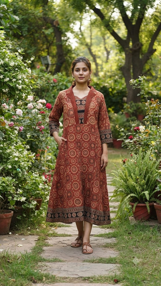 Pure Handloom Aline Ajrakh Cotton Kurti in Black and Red Indigo Combo-Kutch Craft