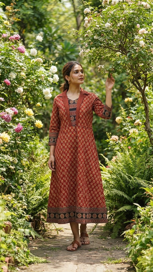 Pure Handloom Aline Ajrakh Cotton Kurti in Madder Red Indigo Combo-Kutch Craft