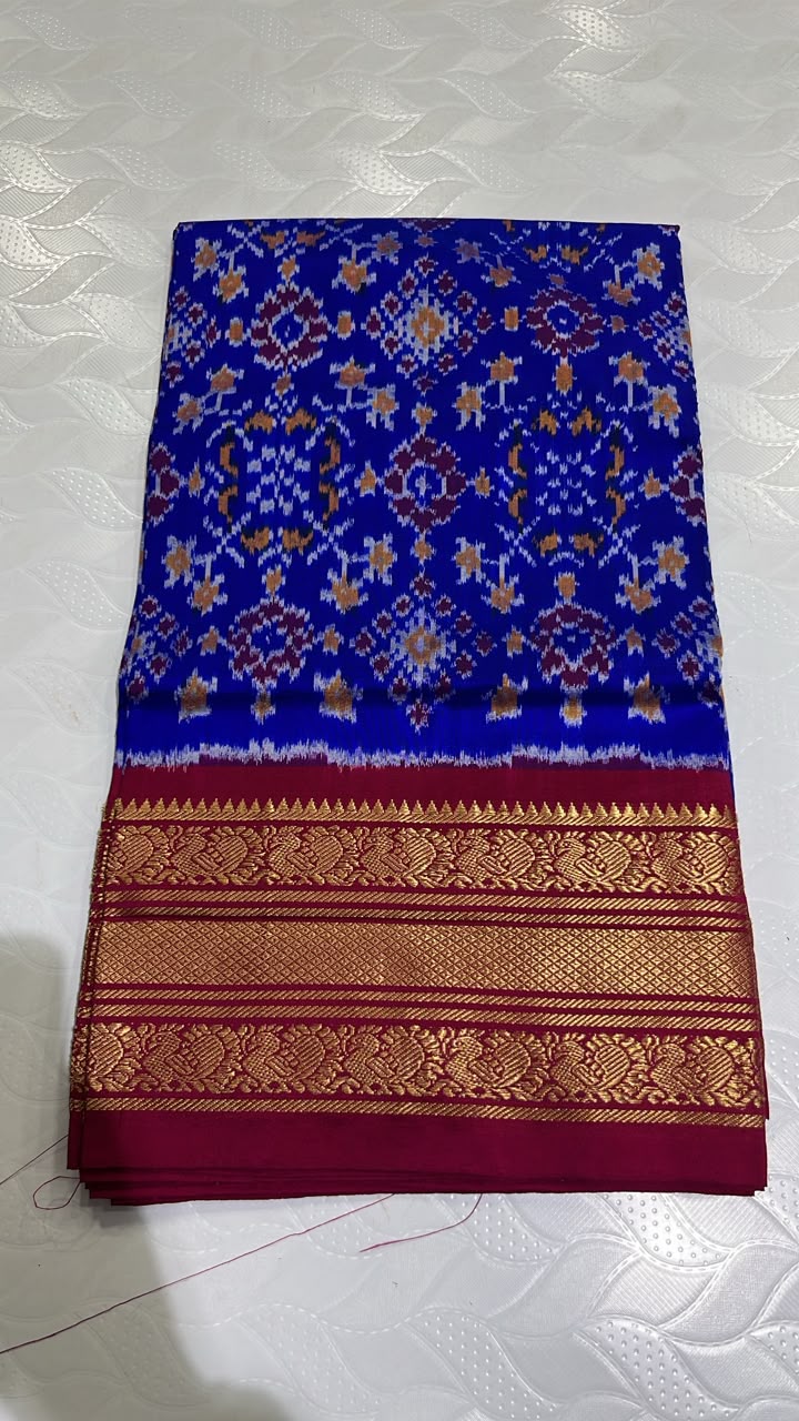 Pochampally Ikkat Silk Saree in Royal Blue with Multicolor and Rich Maroon Kanchi Border