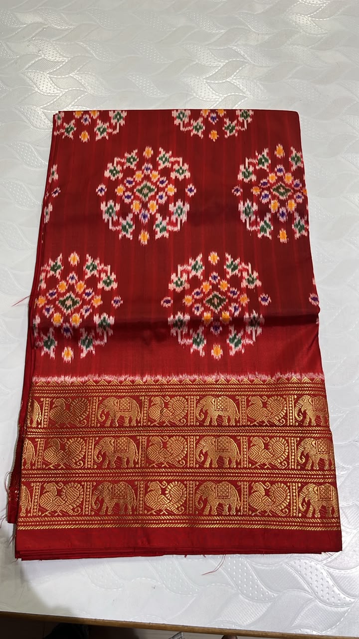 Pochampally Ikkat Silk Saree in Rich Red with Multicolor and Elephant Kanchi Border