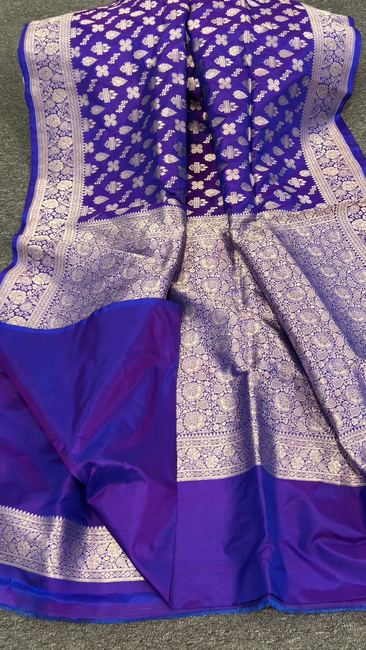 Royal Purple Banarasi Pure Katan Jangla Silk Saree with Silver Zari Buta and Heavy Floral Pallu
