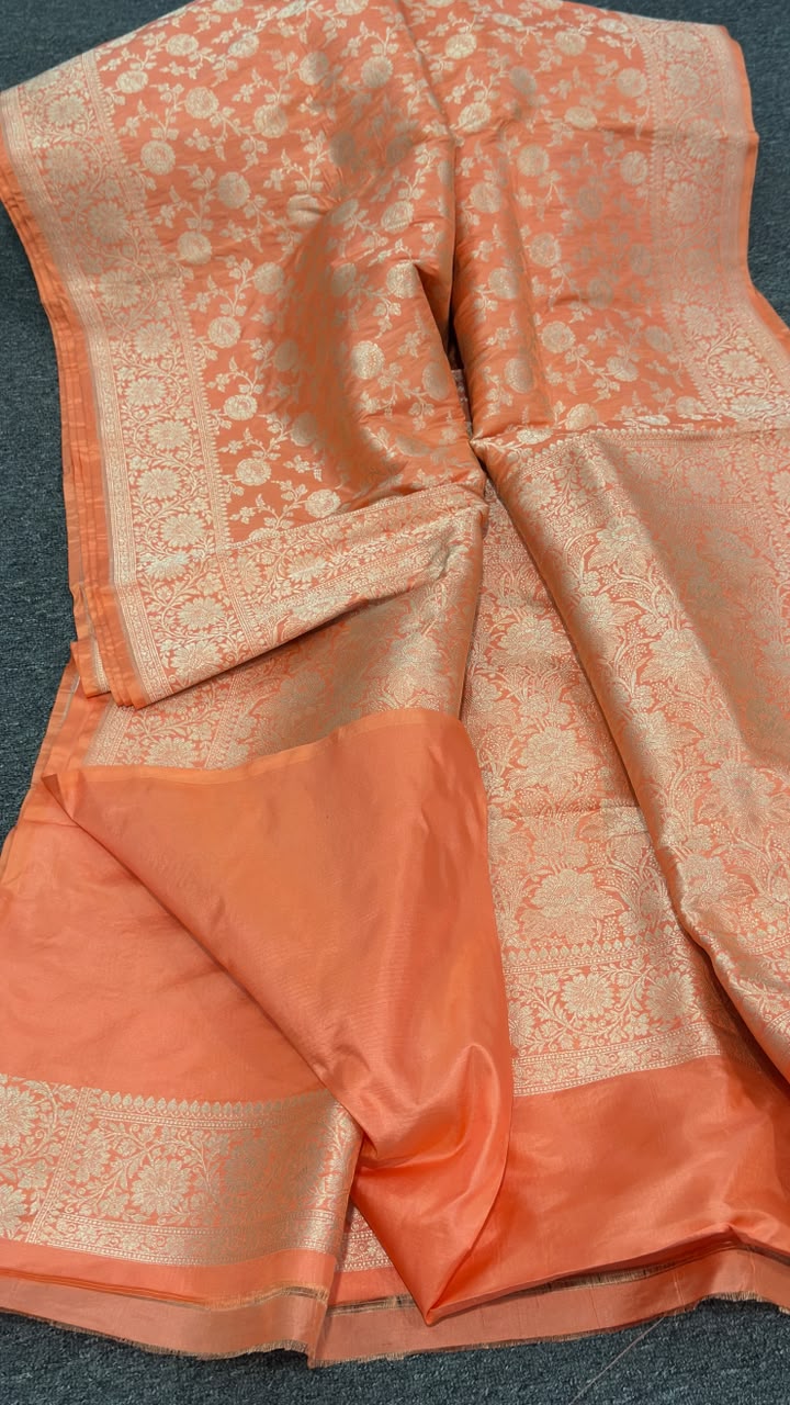 Peach Banarasi Pure Katan Jangla Silk Saree with Silver Zari Floral Jaal