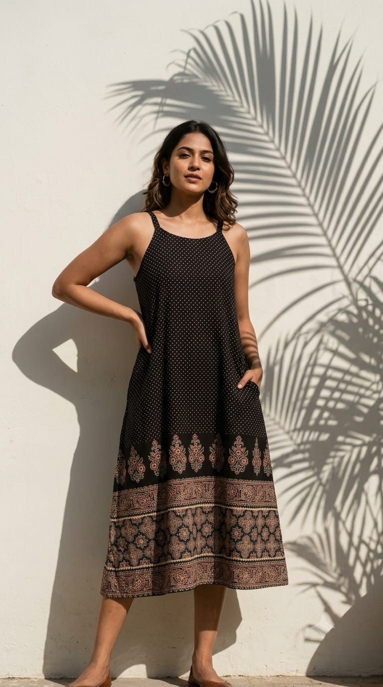 Black Cotton Ajrakh Dress with Traditional Hand Block Print Spaghetti  Top
