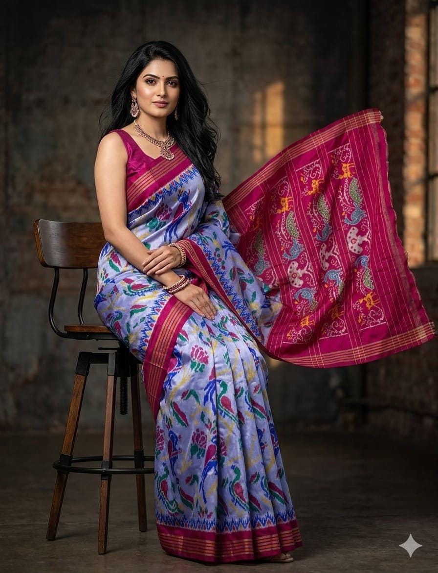 Lavender Ice Pure Silk Patola Ikkat Saree with Motif Pallu
