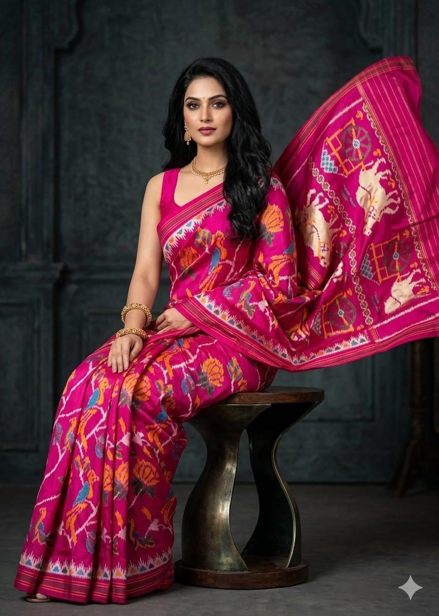 Rani Pink Pure Silk Patola Ikkat Saree wiyh Motif Pallu