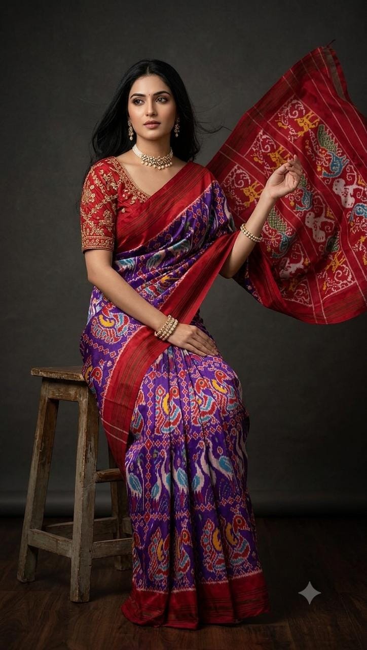 Royal Purple Pure Silk Patola Ikkat Saree with Peacock  Pallu