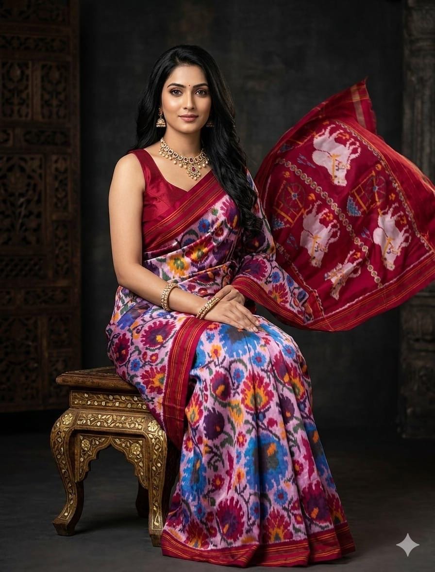 Multicolor Pure Silk Patola Ikkat Saree with Red And White Pallu