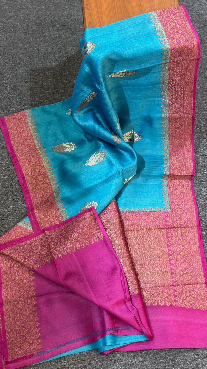 Turquoise Blue Pure Tussar Silk Saree with Rani Pink Contrast Zari Border