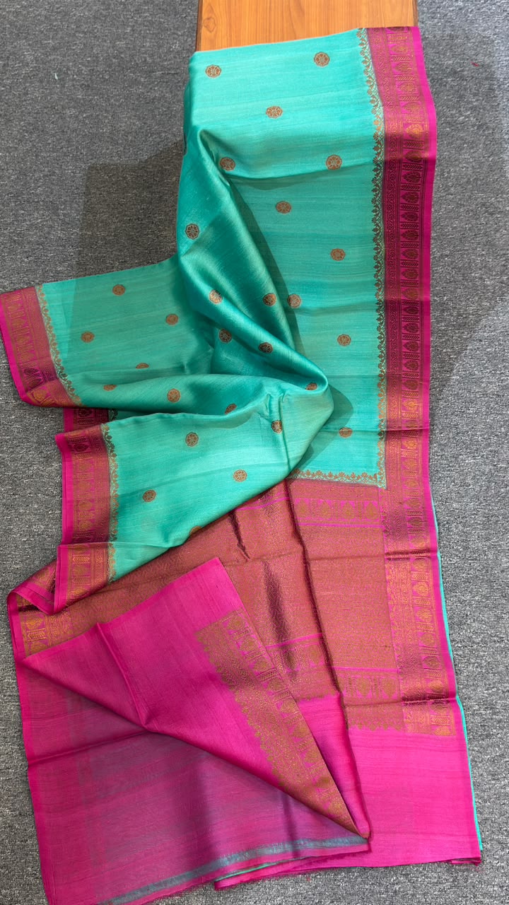 Tuequoise Blue   Pure Tussar Silk Saree eith Magenta Pink Contrast Zari Border