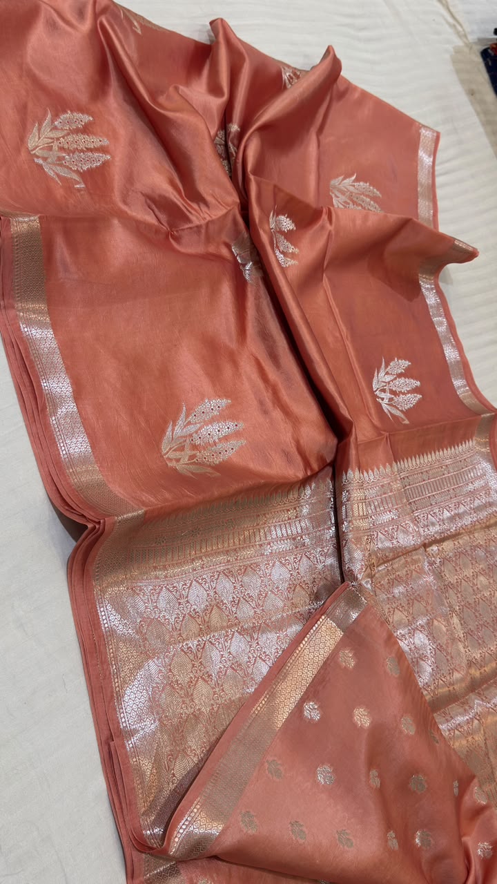 Coral Peach Raw Mango Katan Silk Banarasi Saree Silver Zari Motif Pallu
