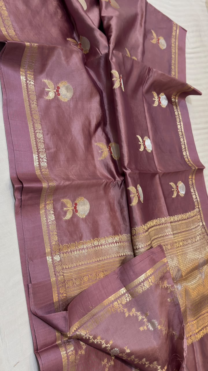 Dusty Pink Raw Mango Katan Silk Banarasi Saree with Gold Zari & Silver  Motif Pallu