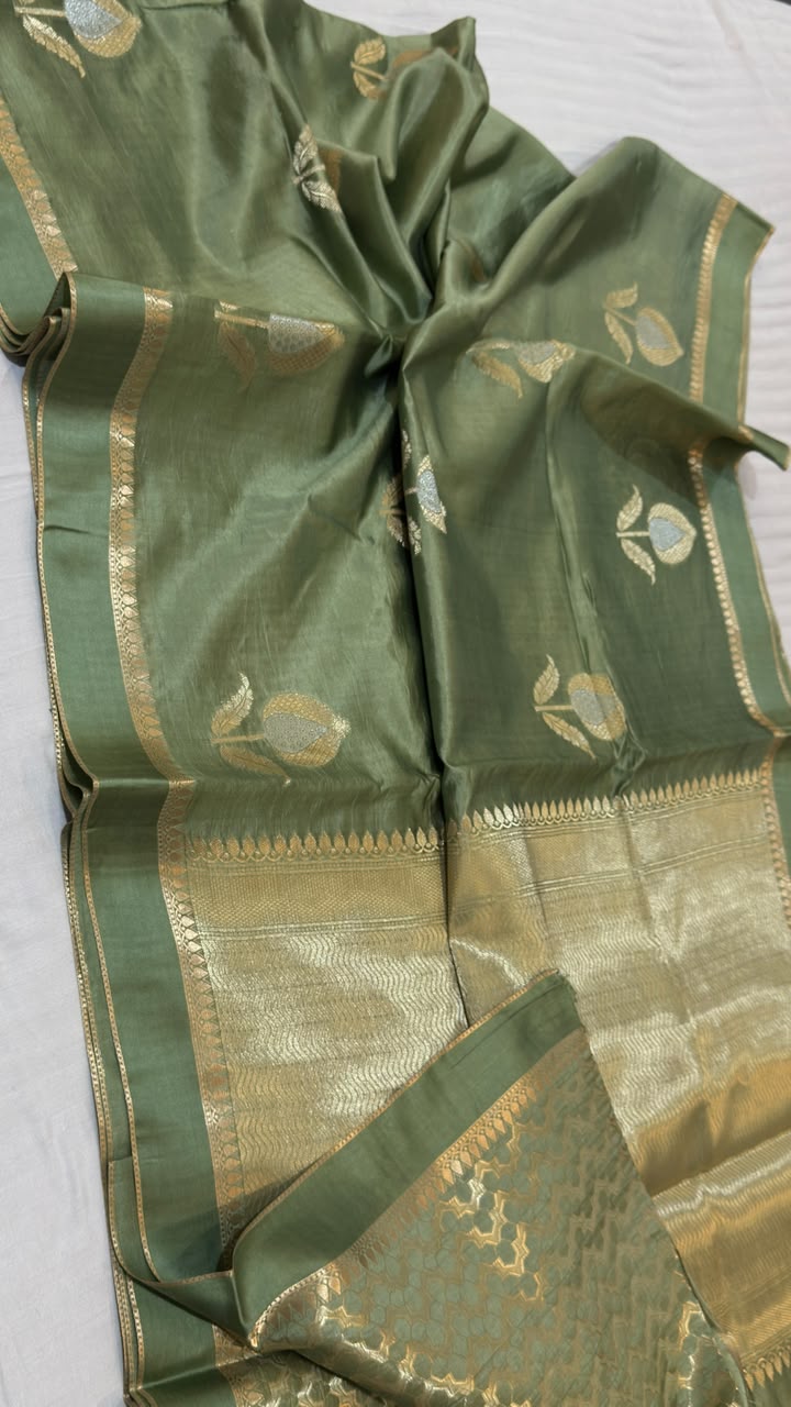 Olive Green Raw Mango Katan Silk Banarasi Saree with Gold Zari  Border Paisley Buti
