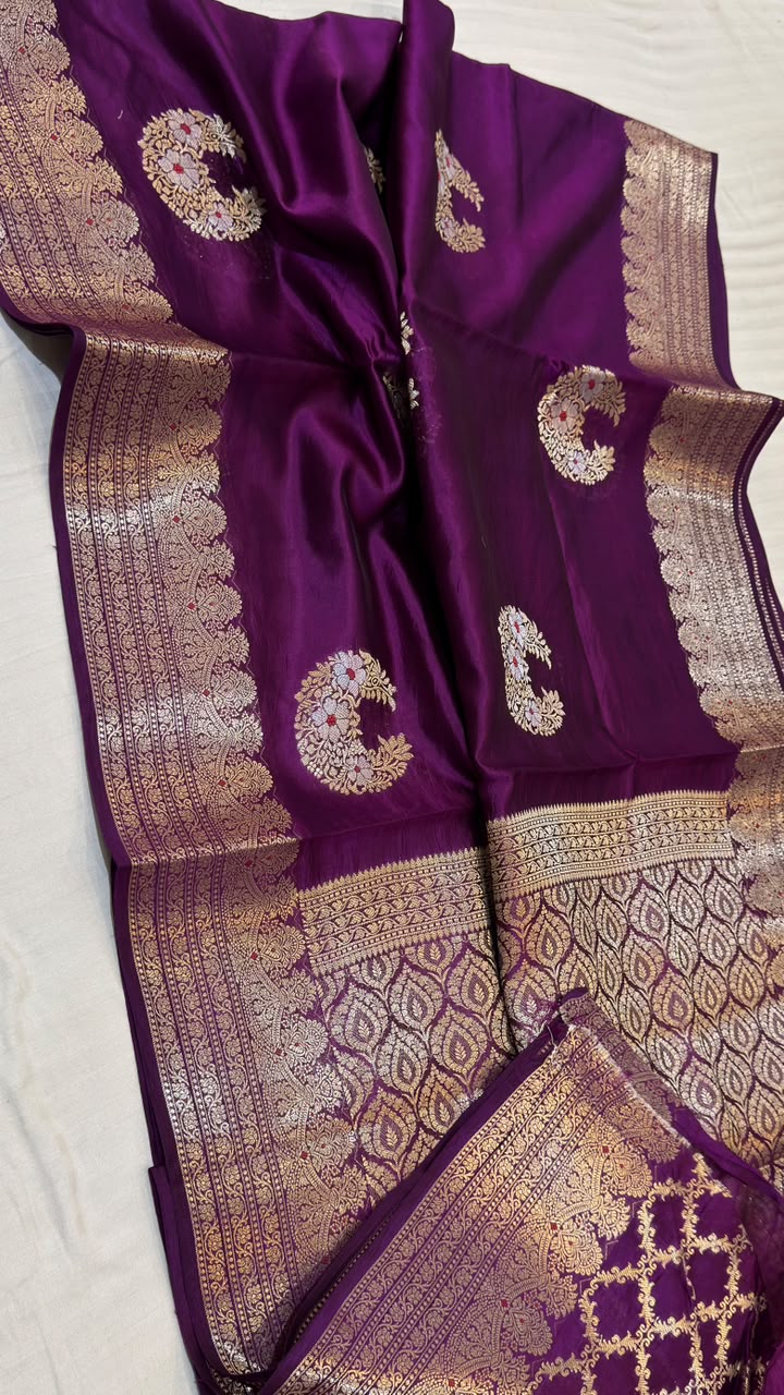 Purple Raw Mango Katan Silk Banarasi Saree Gold Zari  Border