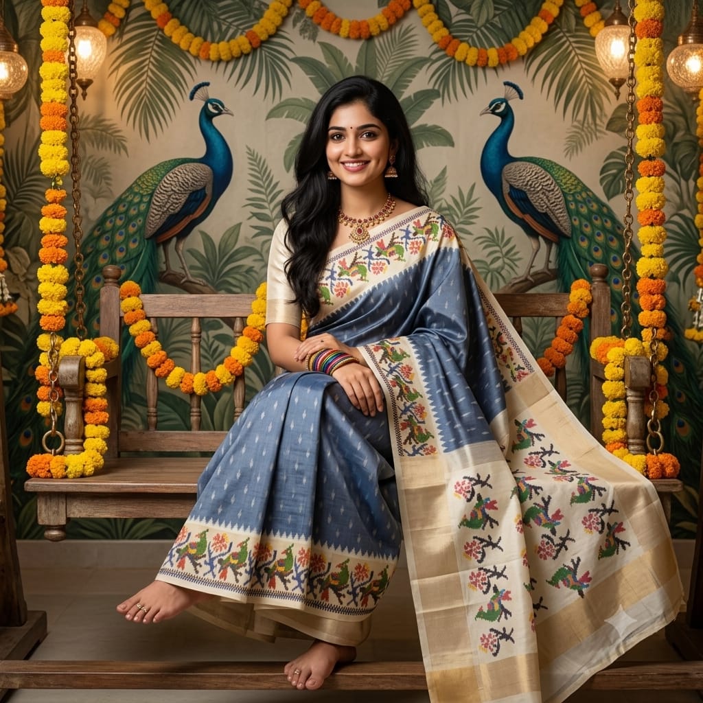 Gray Blue Ikkat Exclusive Silk Saree with Multicolored Border and Cream Pallu