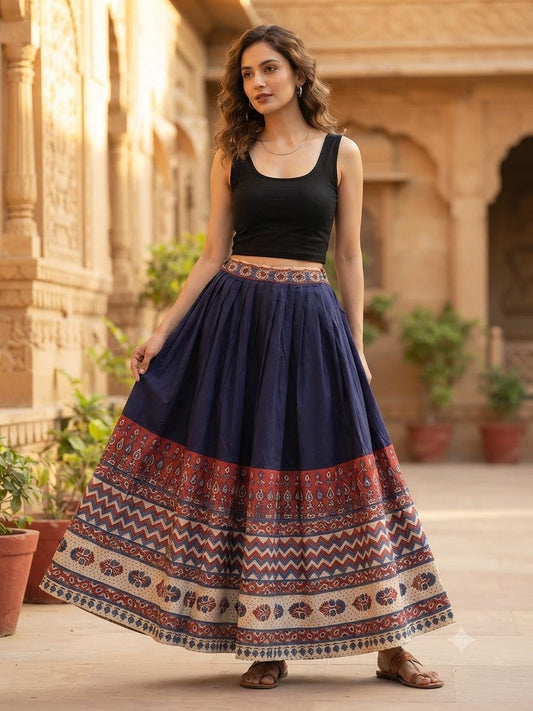 Navy Blue Ikkat Exclusive Silk skirt with Natural Ajrakh Zikzak Border