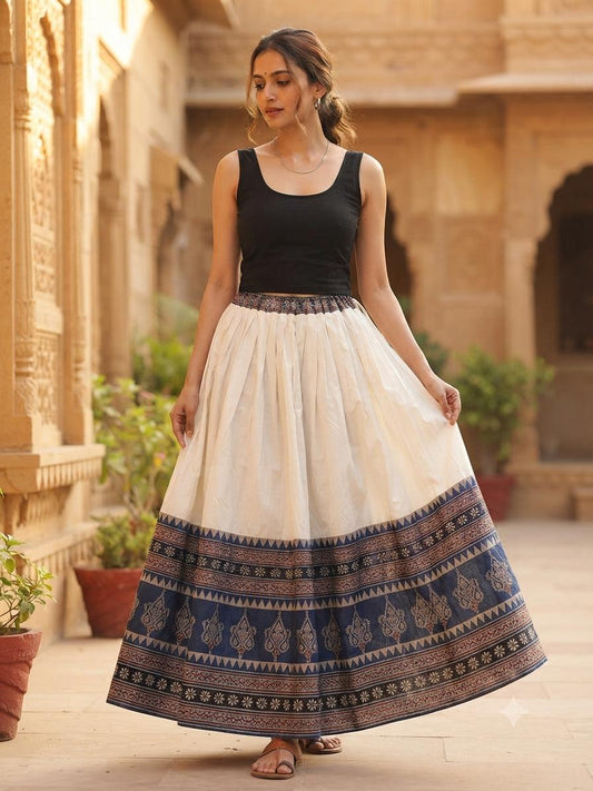 Off White Ikkat Exclusive Silk Skirt with Natural Ajrakh  Border