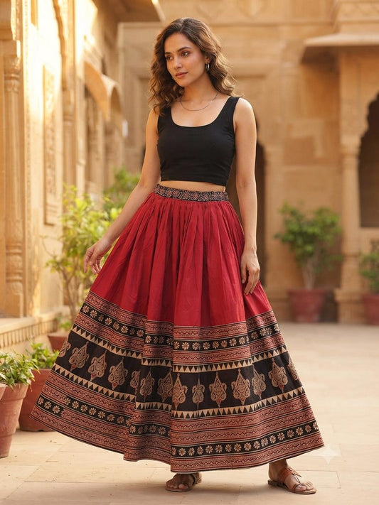 Madder Red Cotton Skirt with Ajrakt Printed Border