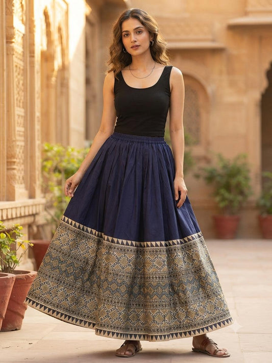 Indigo Blue Cotton Skirt with Ajrakh  Printed Diamond Border