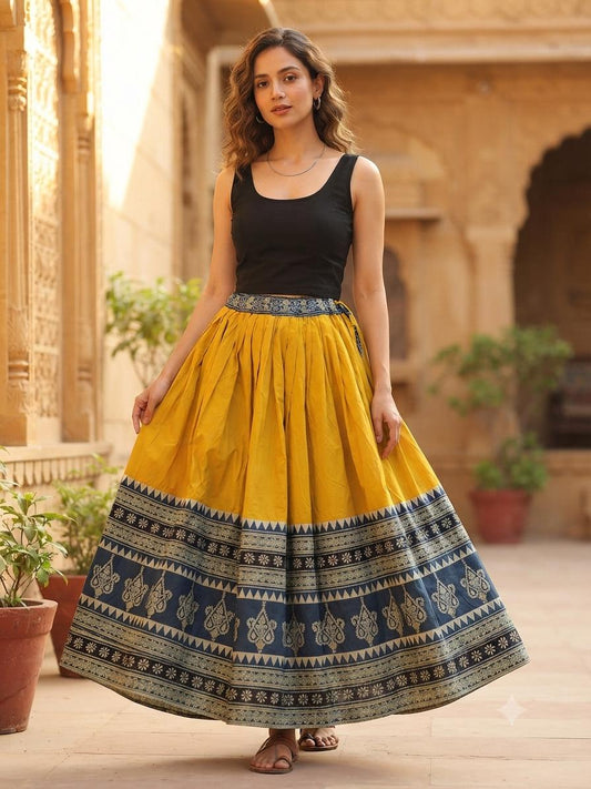 Yellow Cotton Skirt with Ajrakh Printed Indigo Border