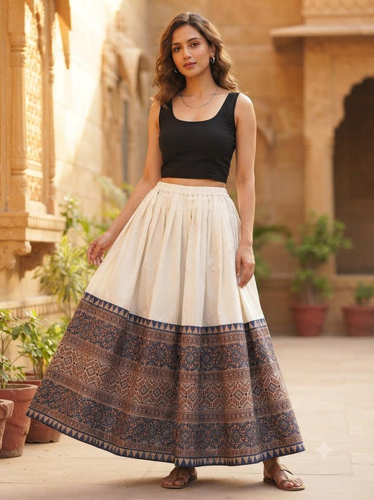 Off White Cotton Skirt with Ajrakh Printed Lattice Border
